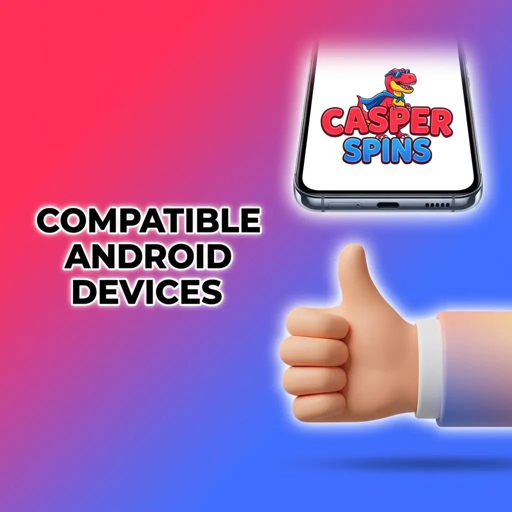 Compatible Android devices for Casper Spins app including Samsung Galaxy, Google Pixel, OnePlus, and Sony Xperia models