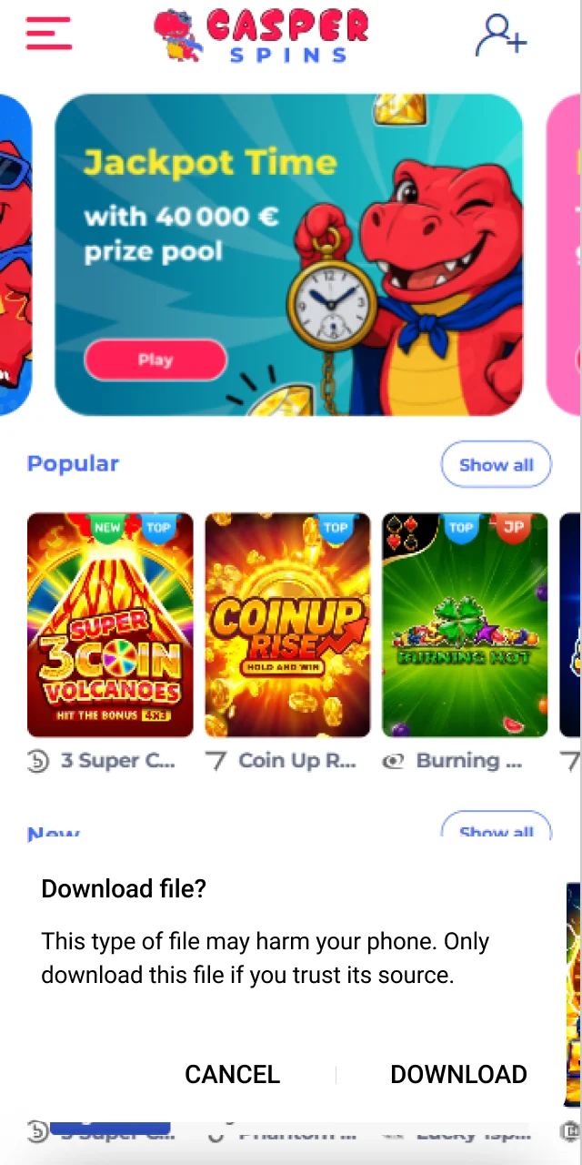 Accept the system prompt to continue downloading the official Casper Spins app.