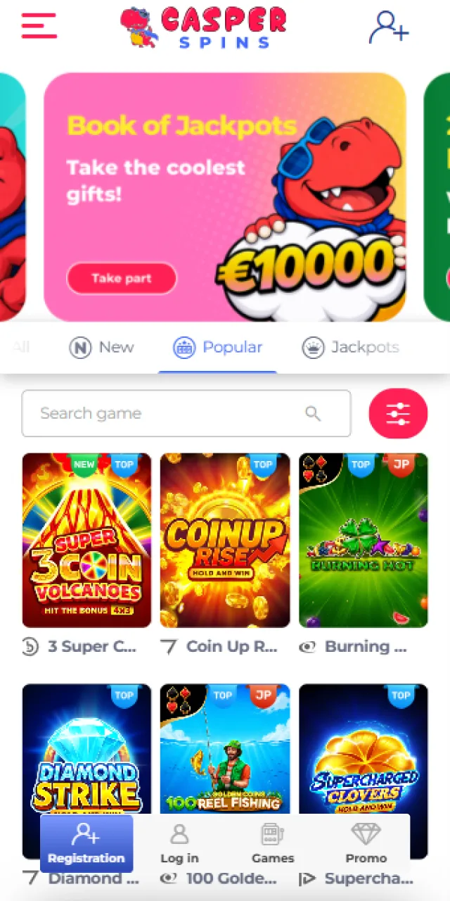 Browse through the wide collection of casino games in the Casper Spins app.
