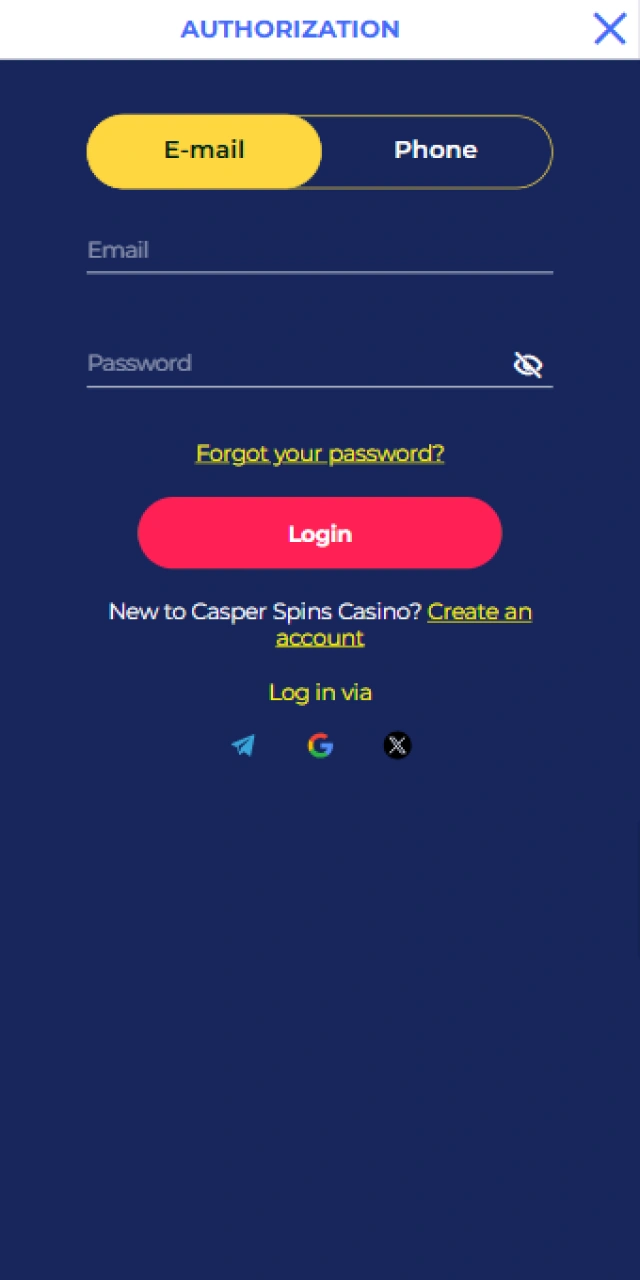 Sign in to your account via the Casper Spins app login interface.