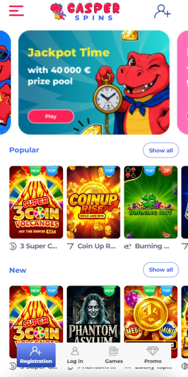 Explore the main home interface of the official Casper Spins app.