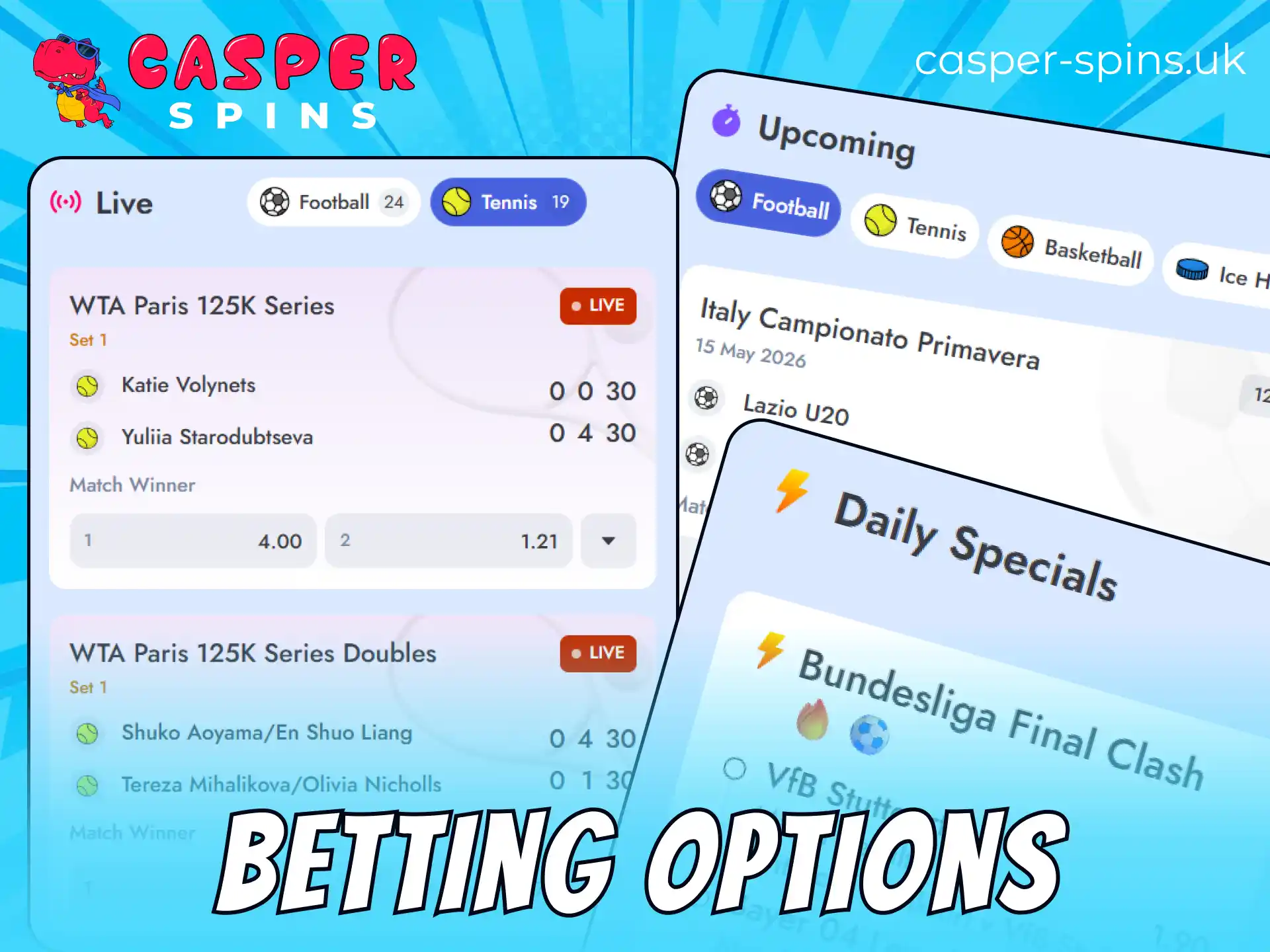 Explore popular sports betting choices on the official Casper Spins website.