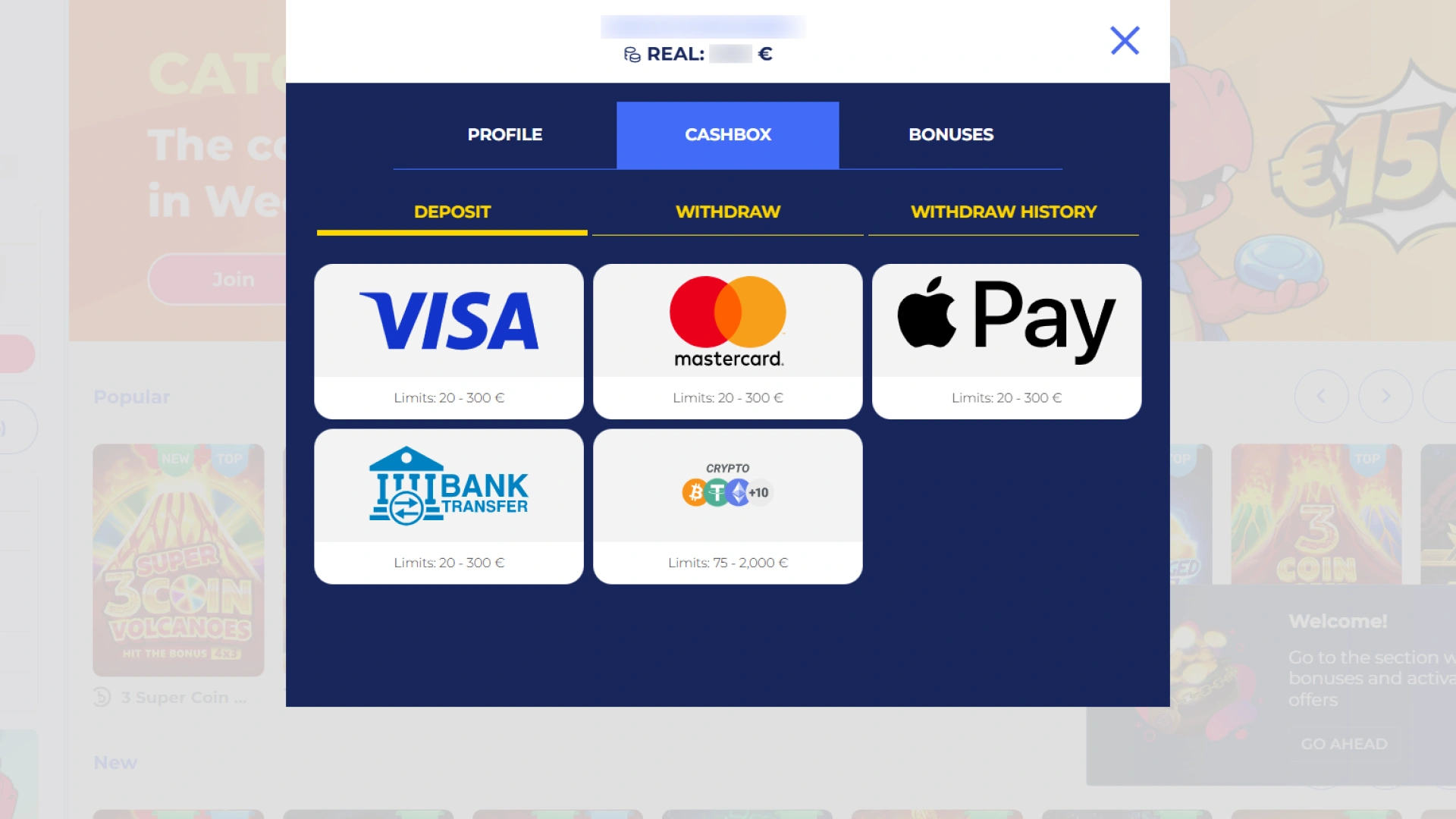 Deposit funds into your account balance on the Casper Spins website.