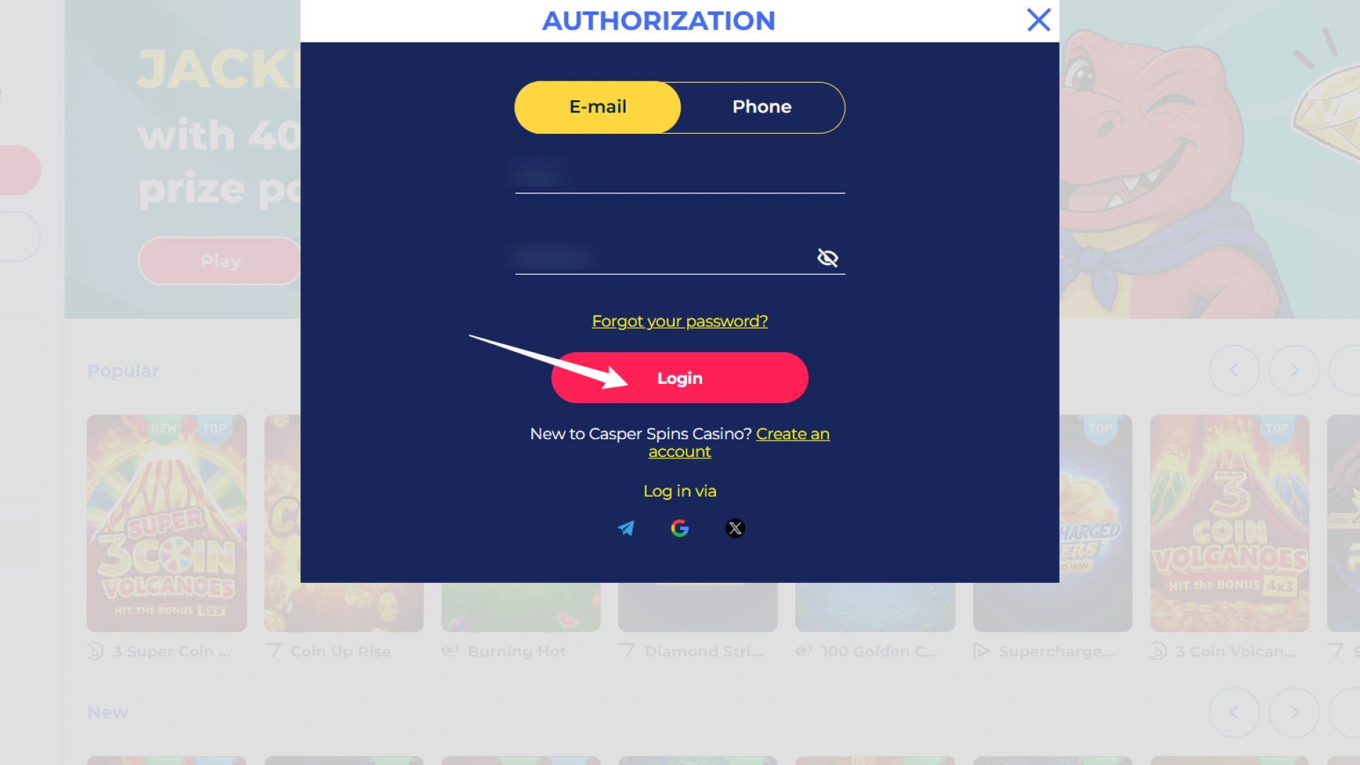 Log in or register an account to get started on the Casper Spins website.