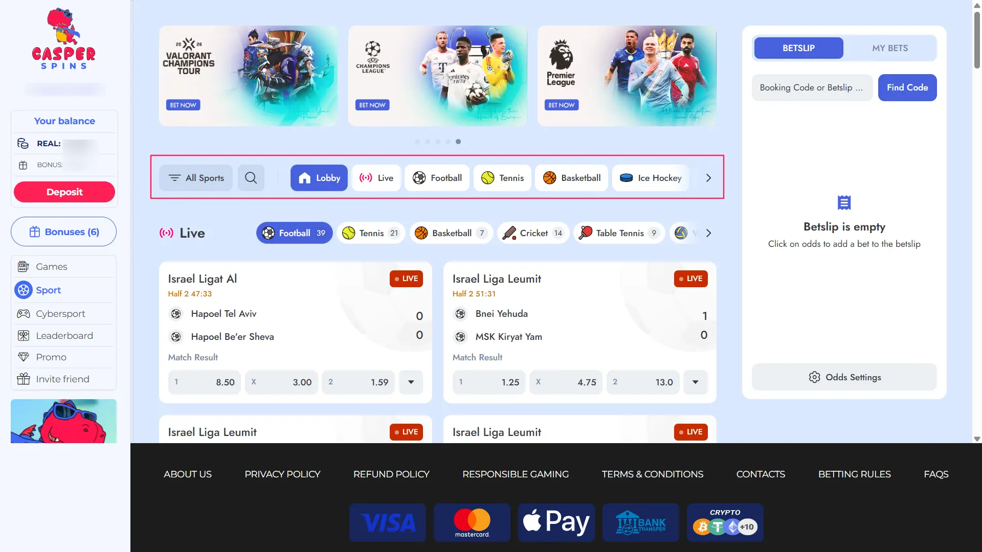 Select a sport from the wide variety of categories on the Casper Spins website.