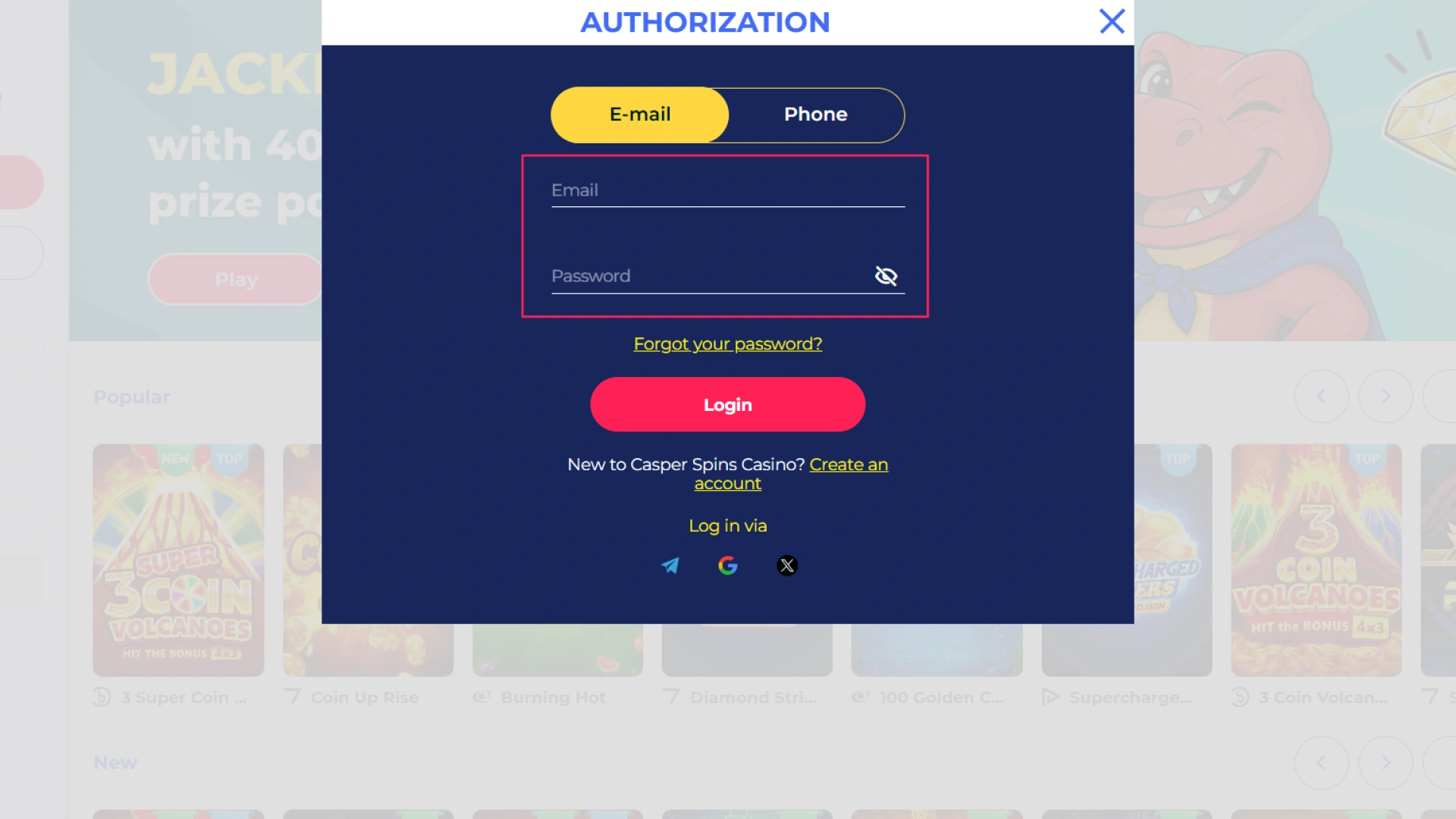 Enter your personal credentials to complete the Casper Spins login process.