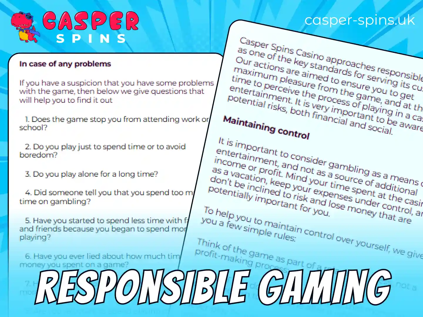 Practice responsible gaming while playing on the Casper Spins sports website.