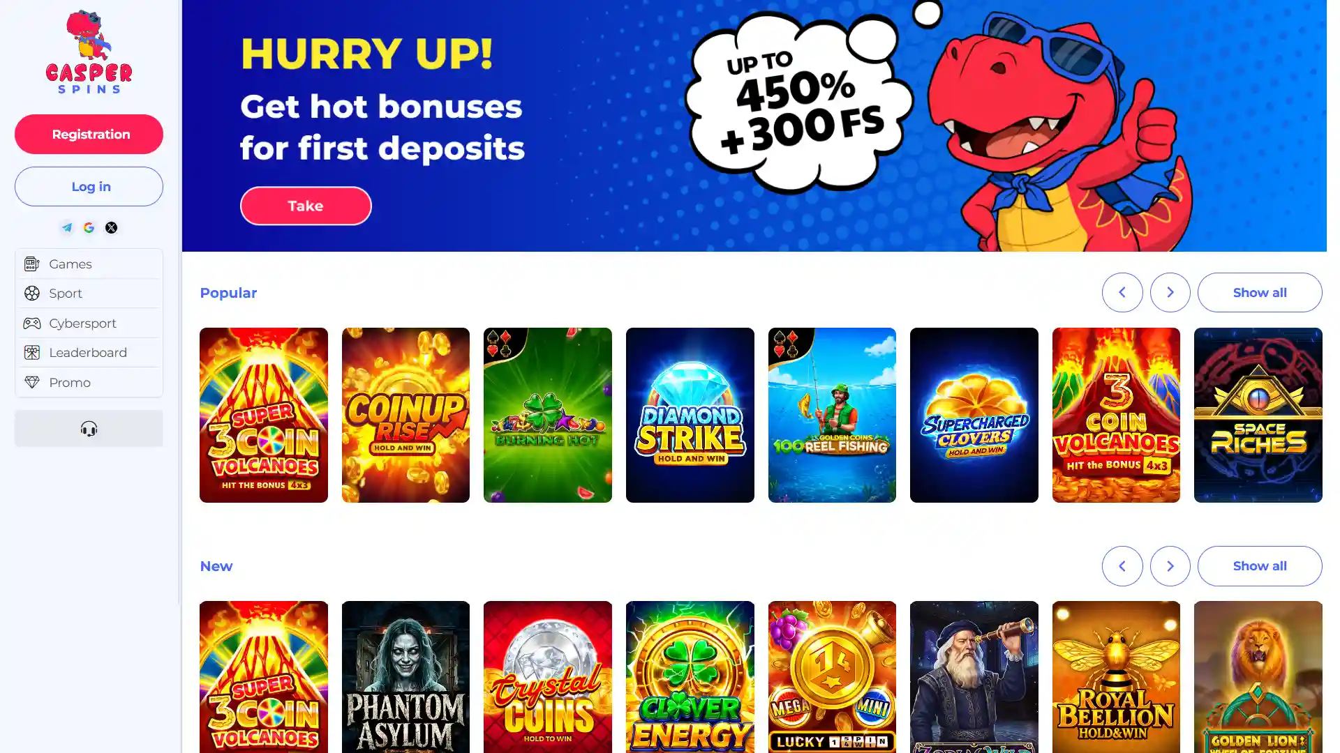 Explore the Casper Spins website homepage to start your betting journey.