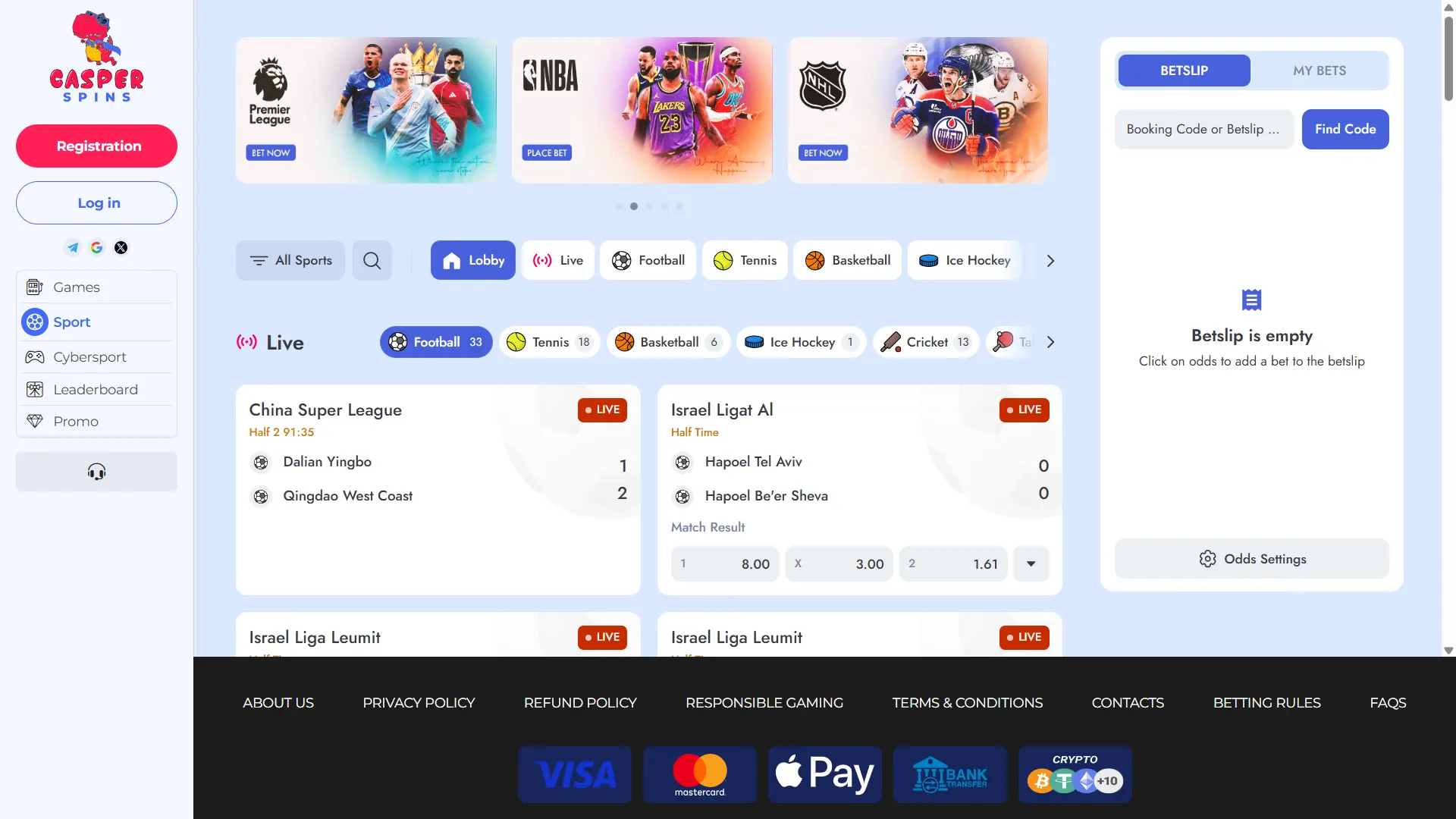 Place wagers on your favorite events using the Casper Spins website.