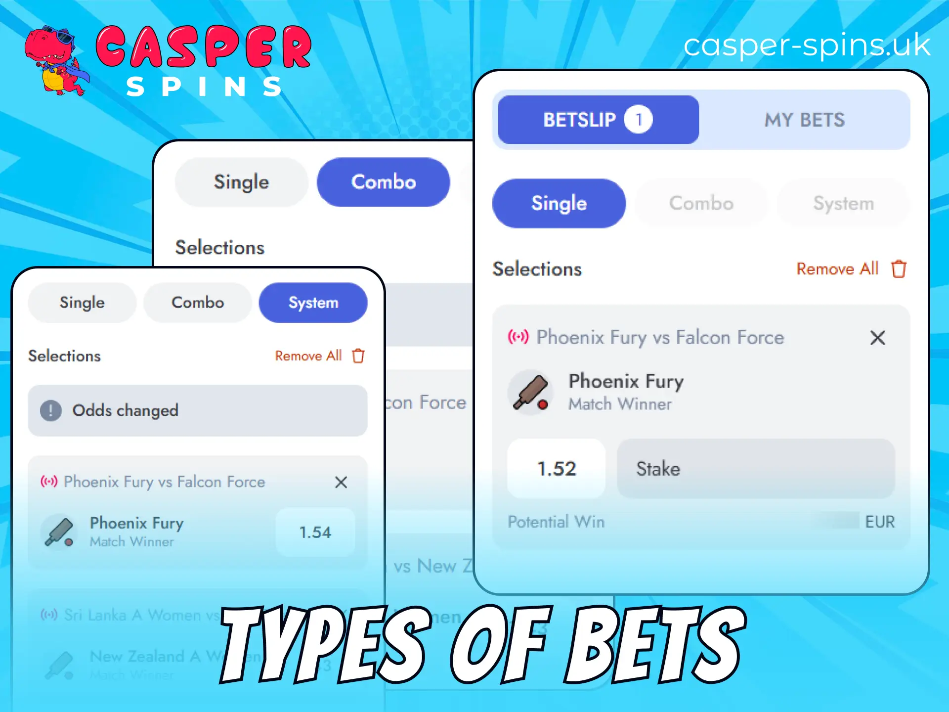 Place various types of sports bets on the Casper Spins website.