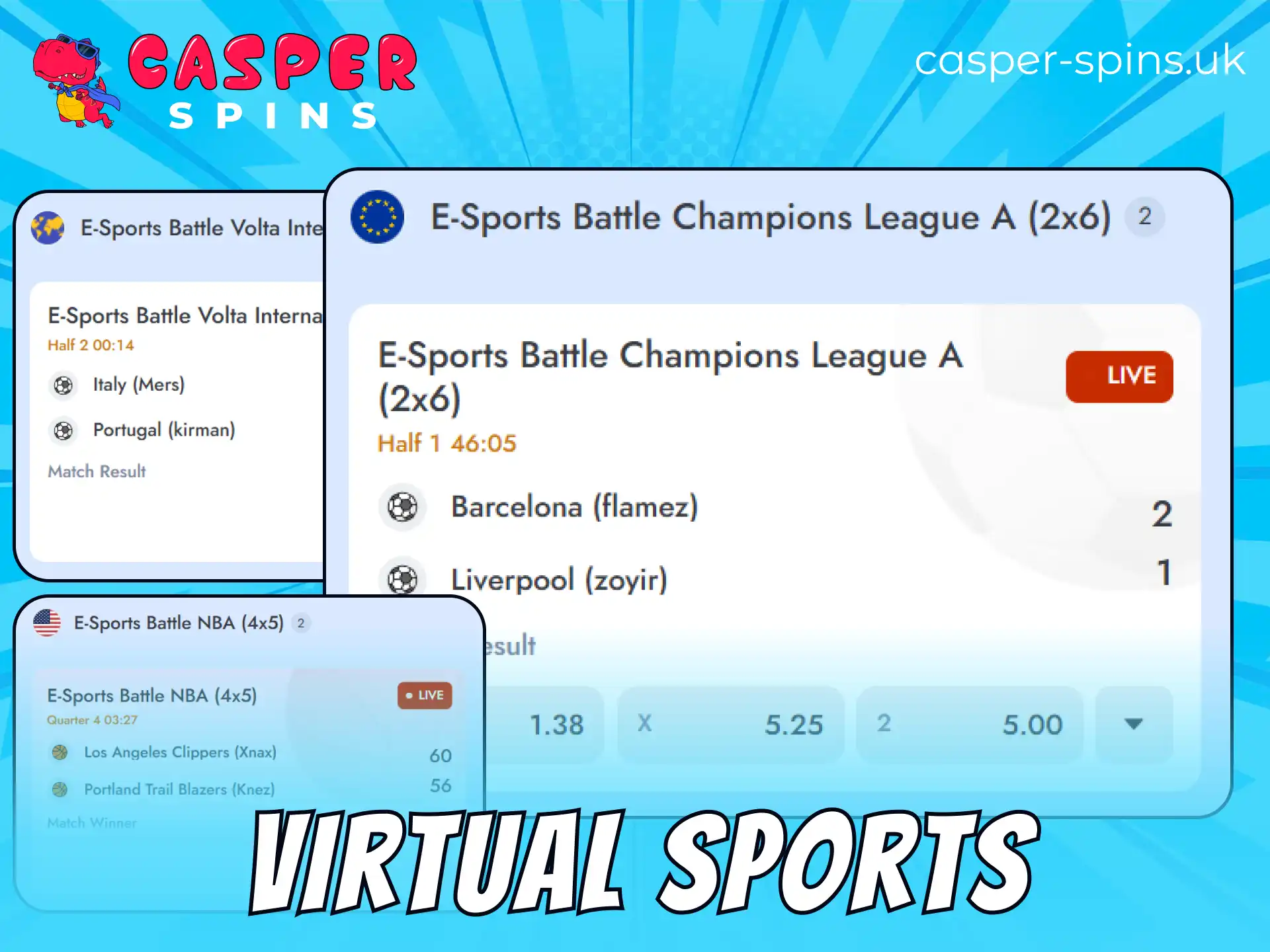 Place wagers on virtual sports betting at the Casper Spins website.