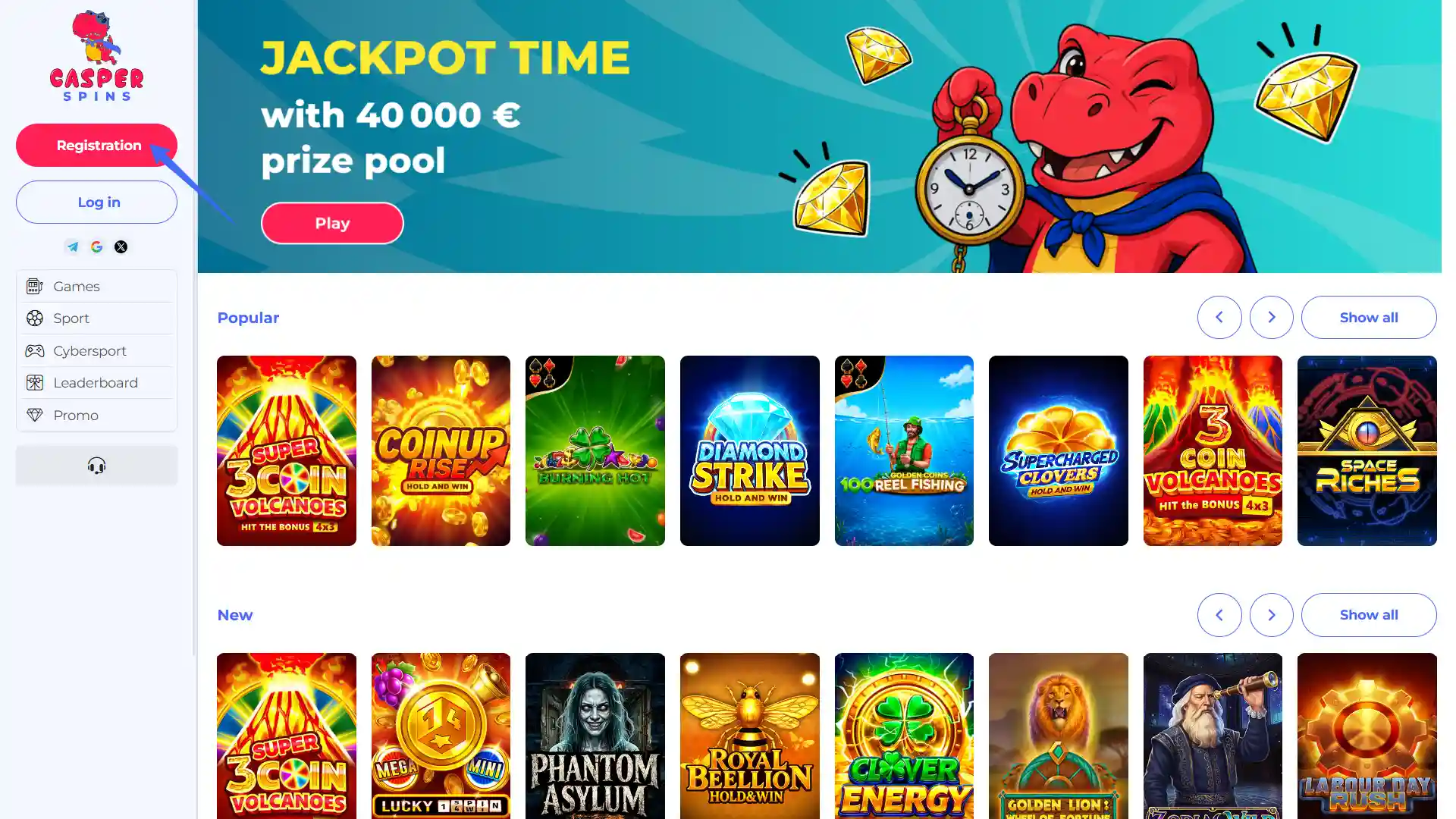 Click the sign up button to initiate the Casper Spins registration process.