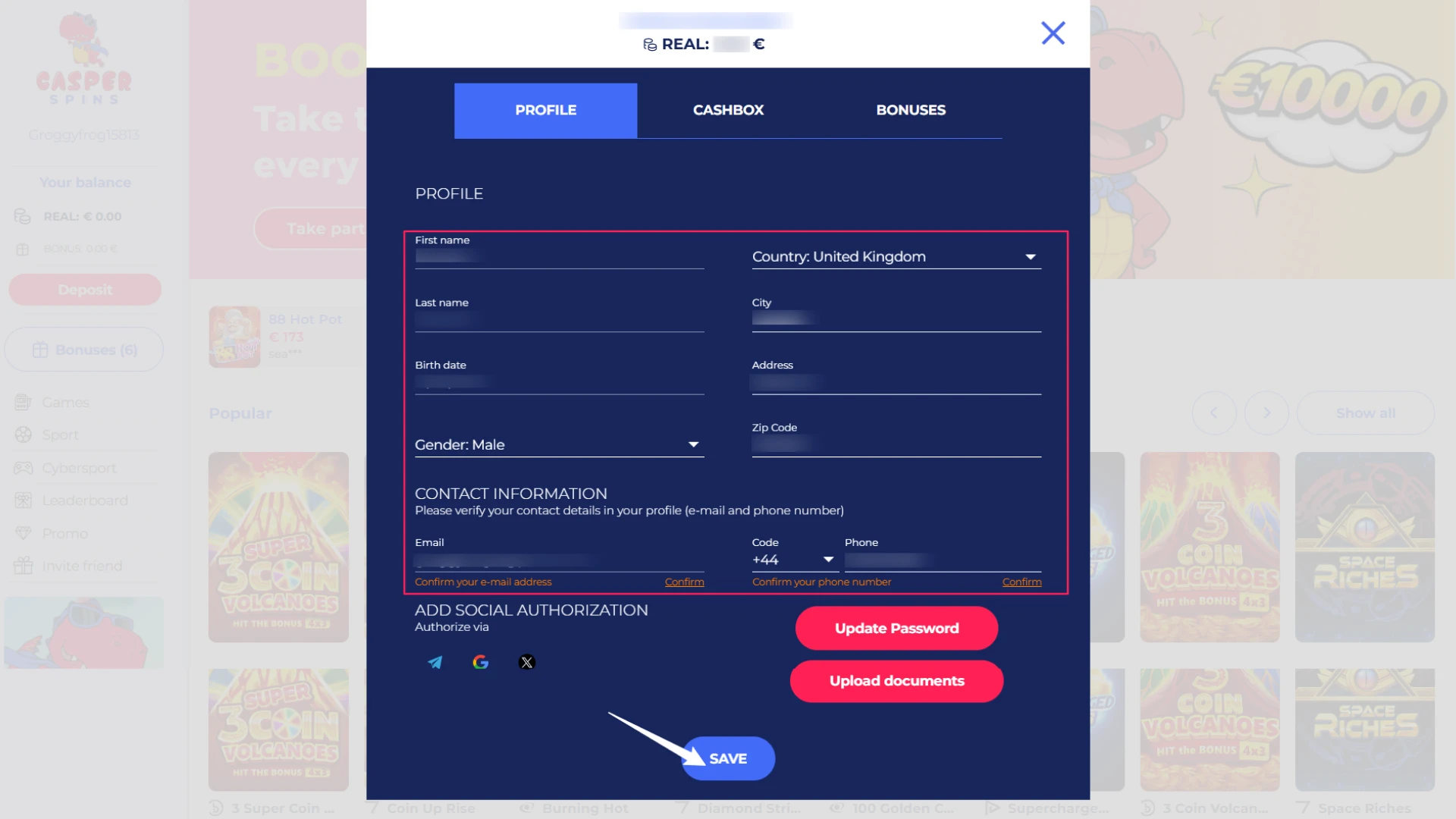 Provide your final information to complete your profile on the Casper Spins website.