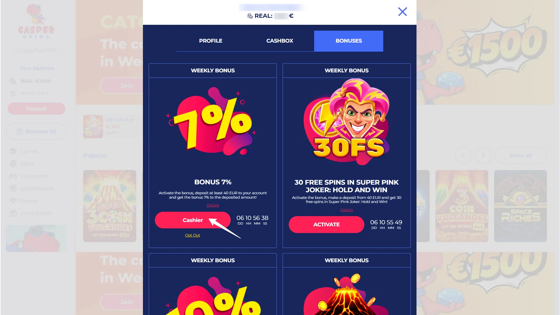 Check your profile dashboard to verify and confirm your Casper Spins bonus activation.