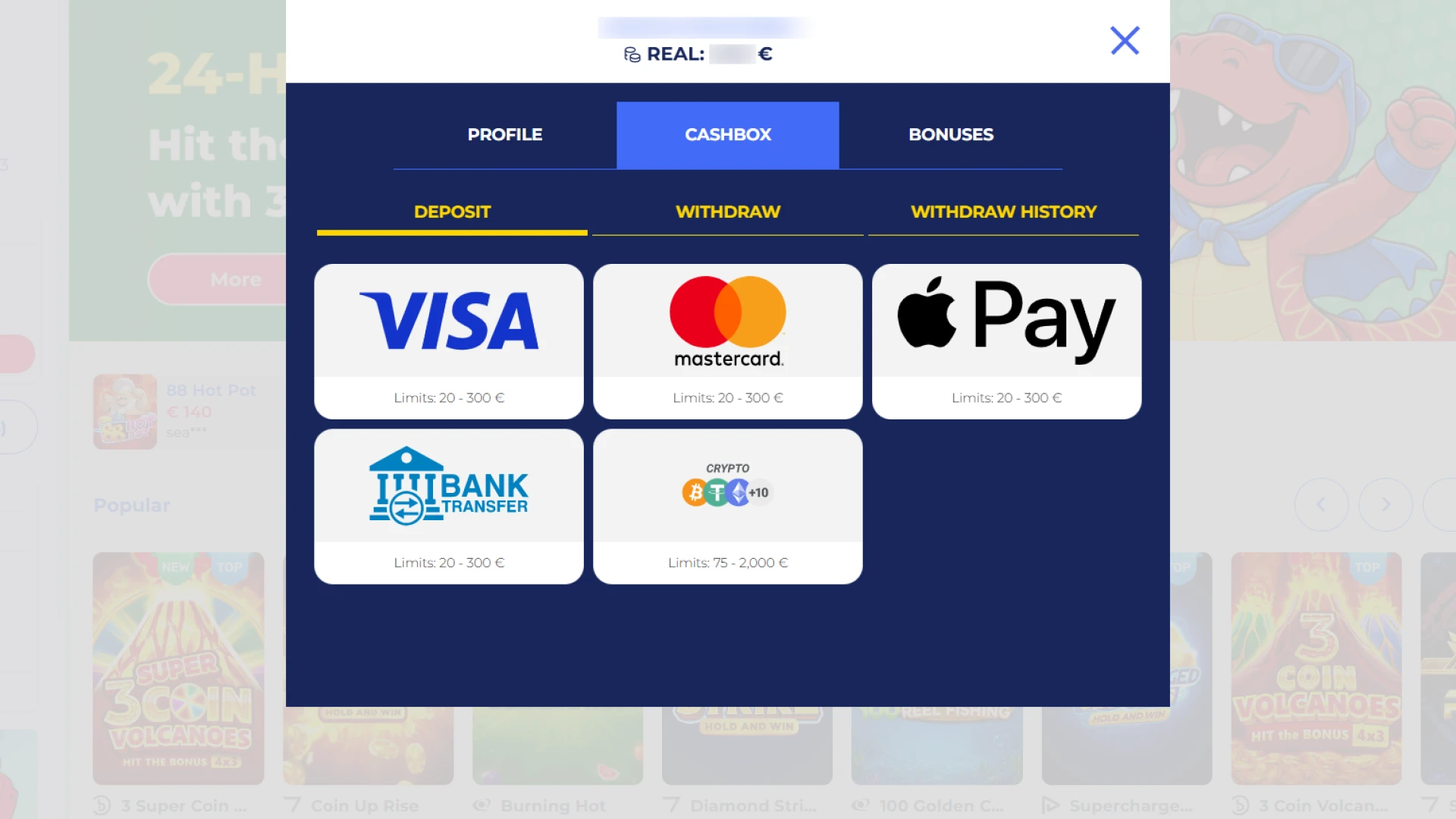 Top up your balance to unlock the welcome bonus during the Casper Spins registration process.