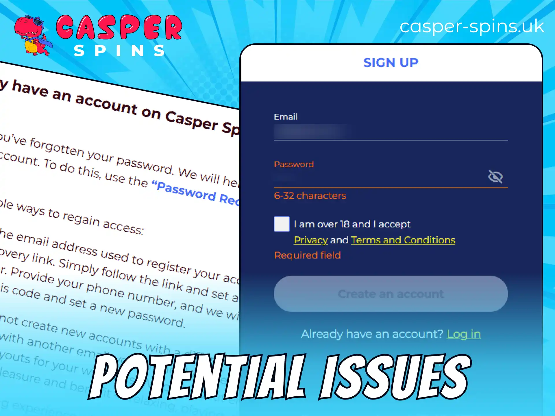 Troubleshoot potential registration issues on the Casper Spins website.